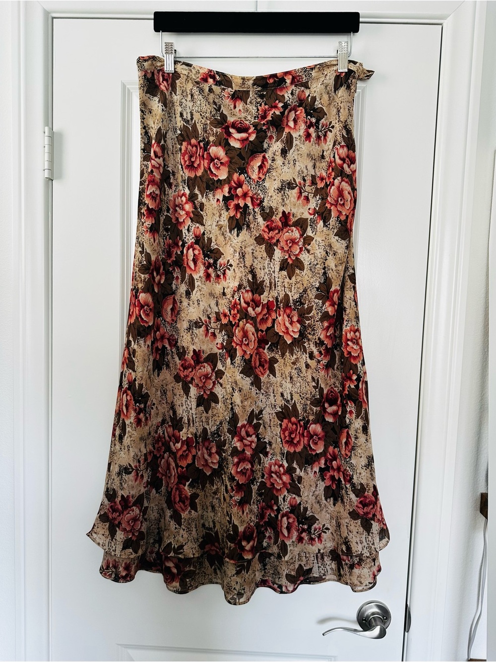 Vintage 90s Chadwicks Brown Pink Rose Floral Midi Skirt Size 16